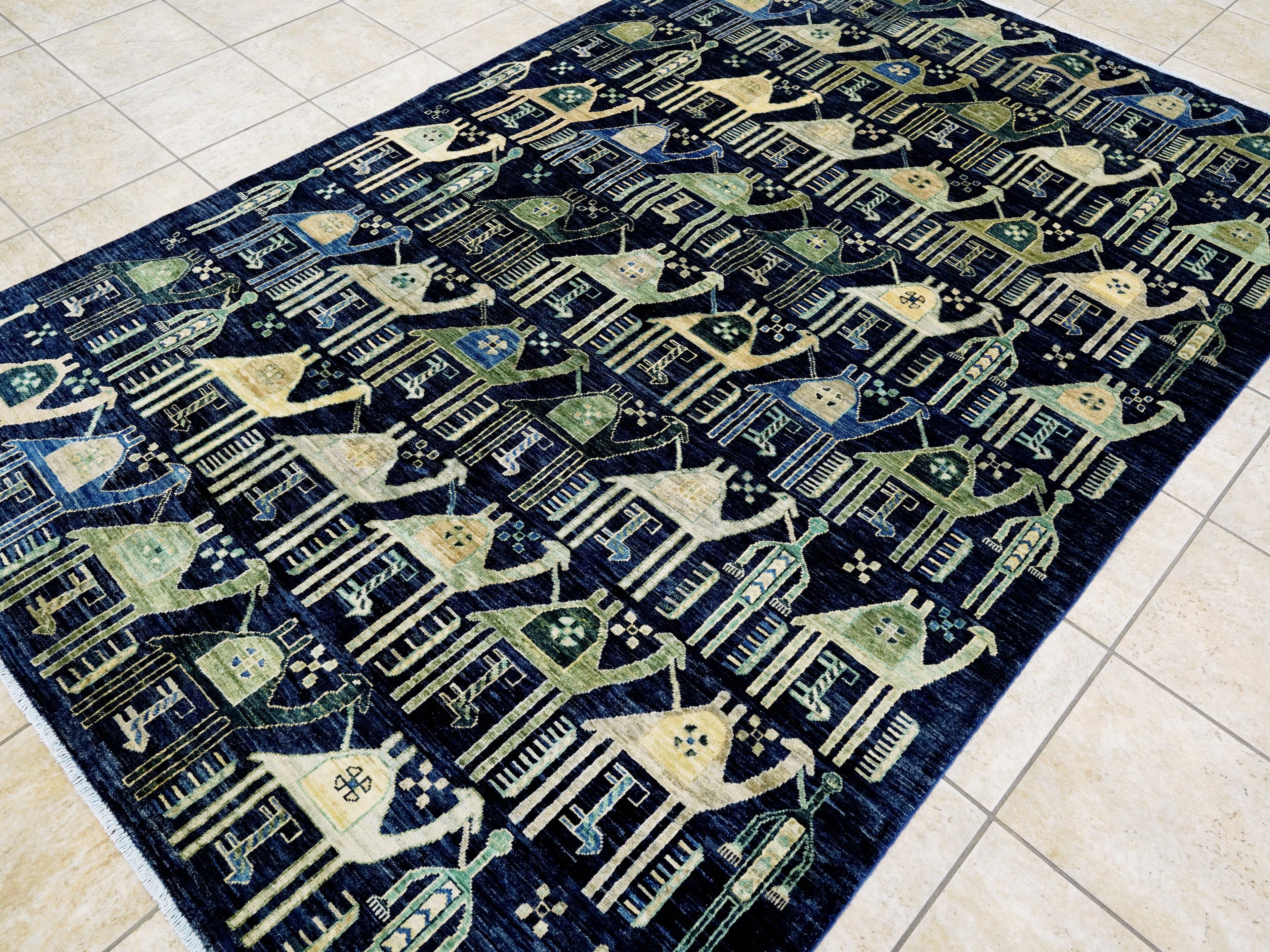 6x9 Ft Blue & Green Camel Rug - Handmade Area Rug - Animal Design