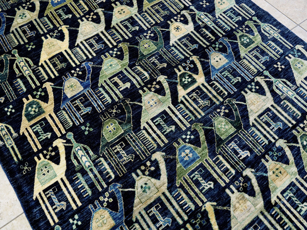 6x9 Ft Blue & Green Camel Rug - Handmade Area Rug - Animal Design
