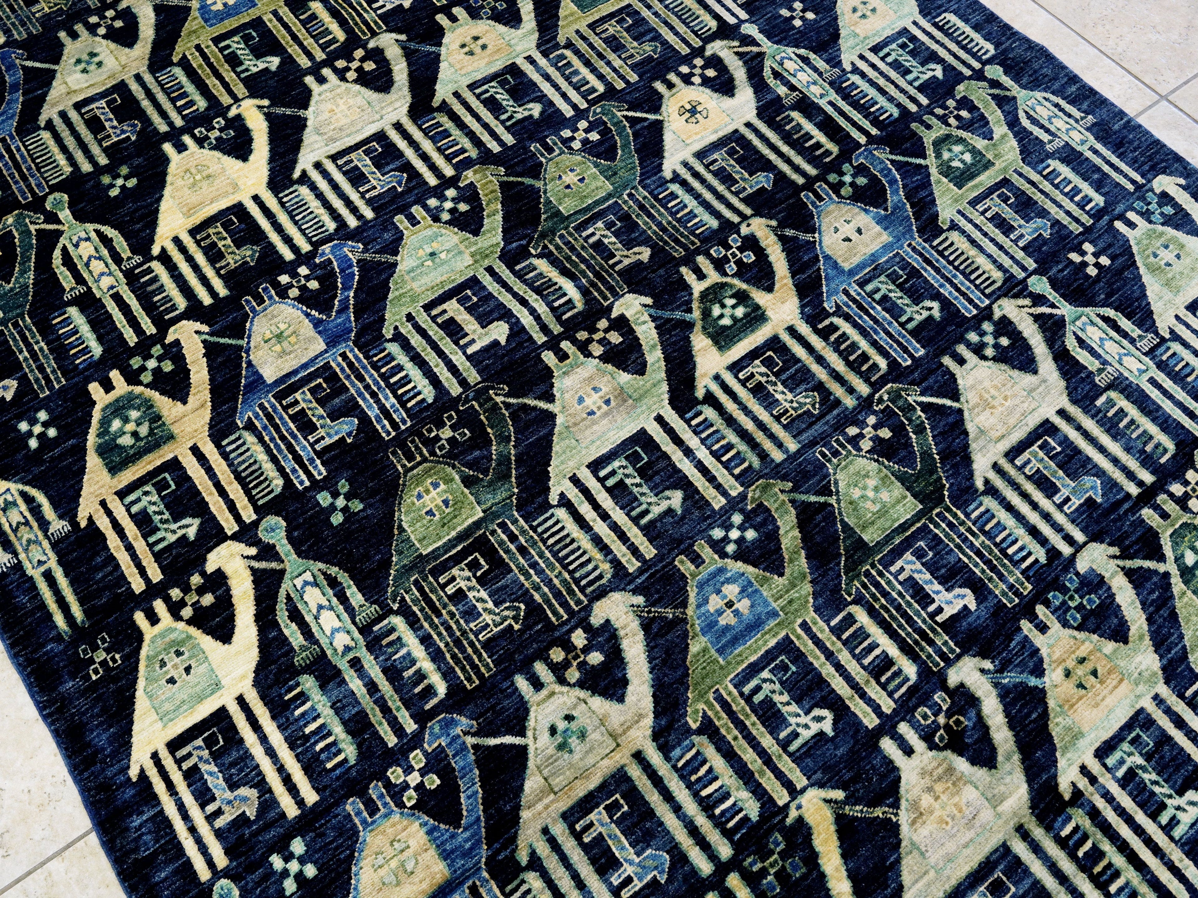 6x9 Ft Blue & Green Camel Rug - Handmade Area Rug - Animal Design