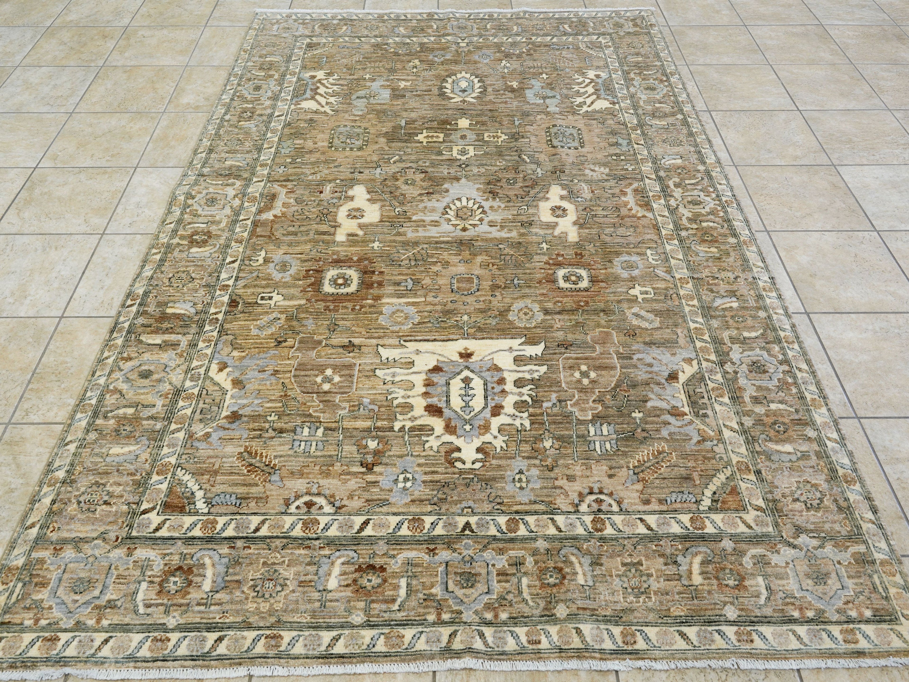 6x9 Ft Neutral Afghan Rug - Oriental Area Rug - Beige Brown Floral Design
