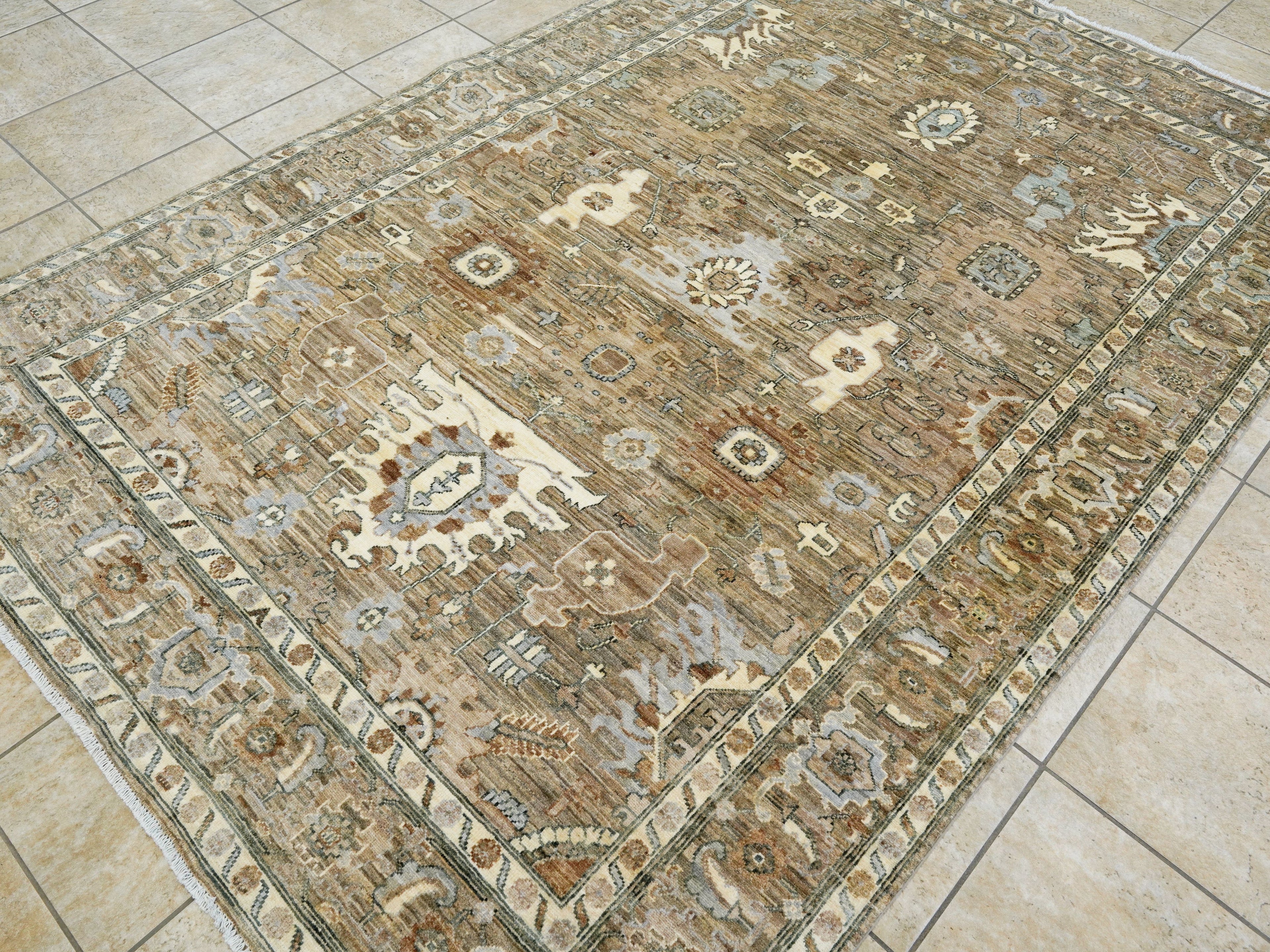 6x9 Ft Neutral Afghan Rug - Oriental Area Rug - Beige Brown Floral Design
