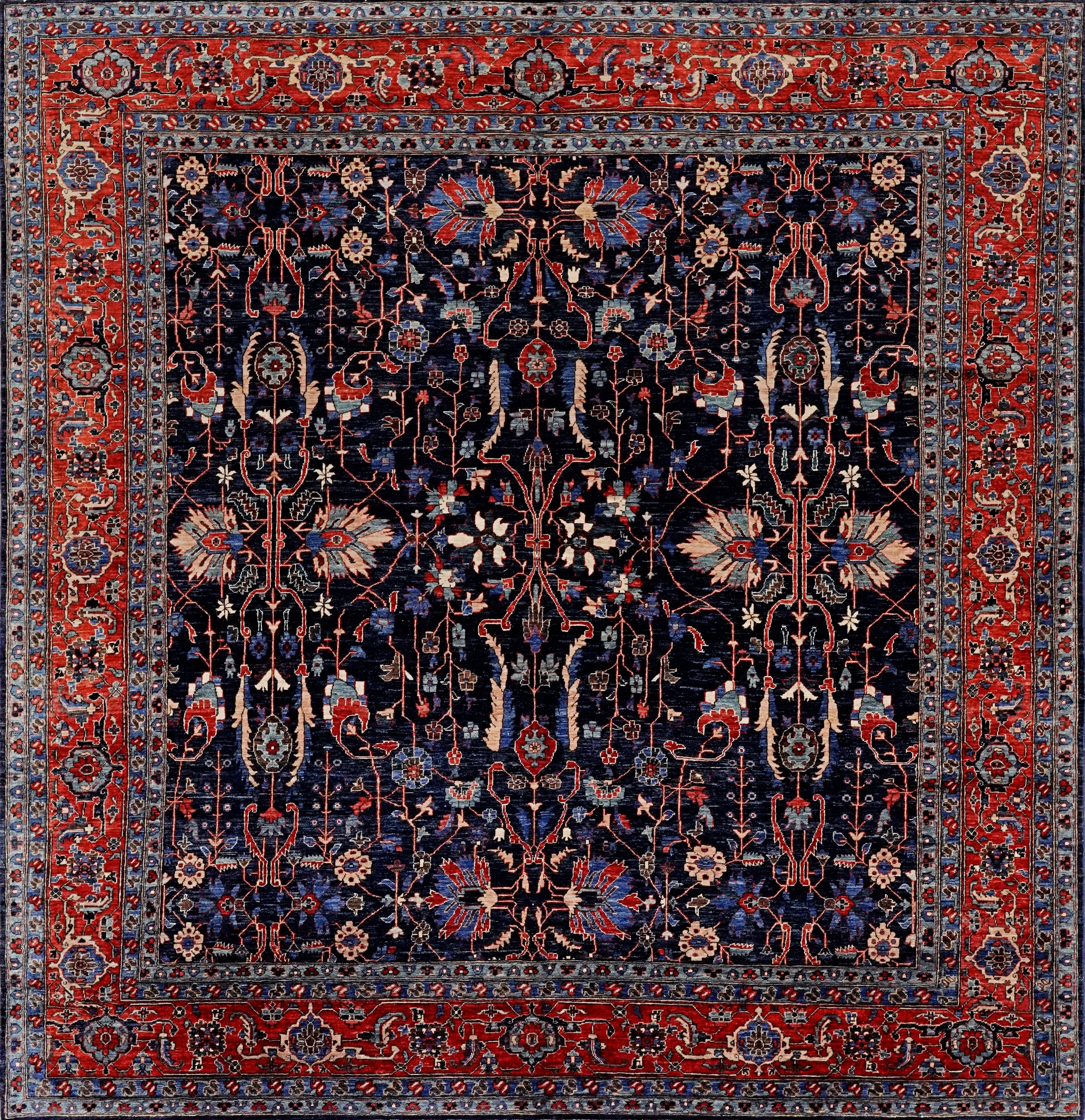 8x8 Ft Dark Blue Floral Rug - Traditional Hand Knotted Afghan Rug