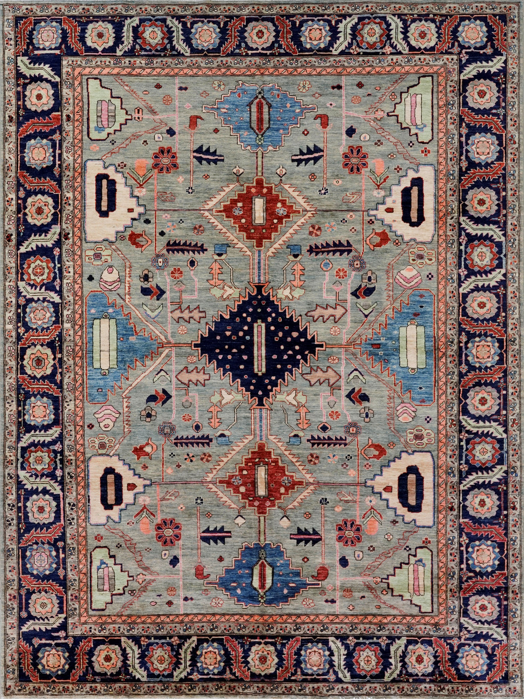 8x11 Ft Green Afghan Rug - Hand Knotted Area Rug
