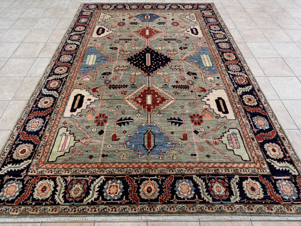 8x11 Ft Green Afghan Rug - Hand Knotted Area Rug