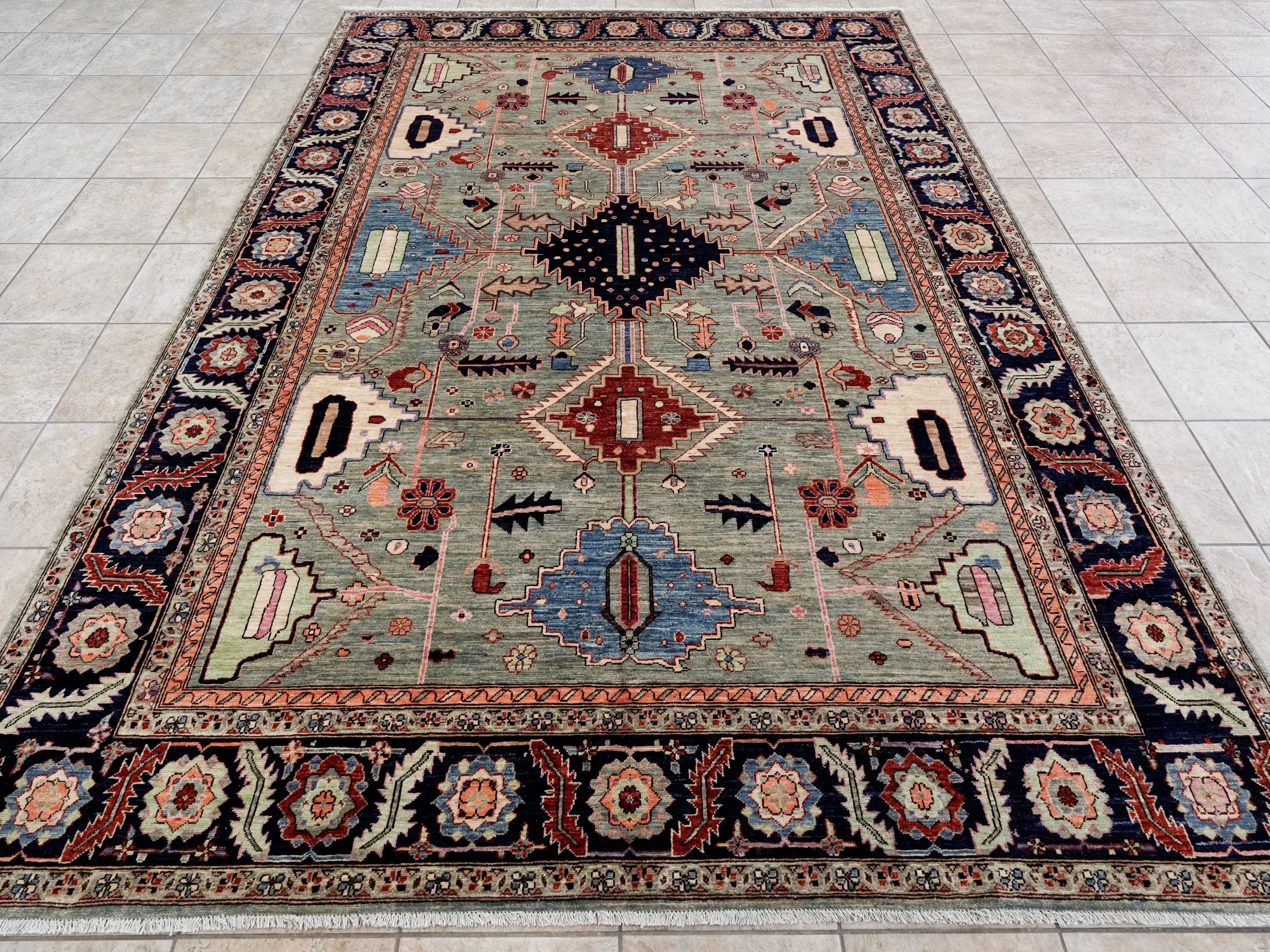8x11 Ft Green Afghan Rug - Hand Knotted Area Rug