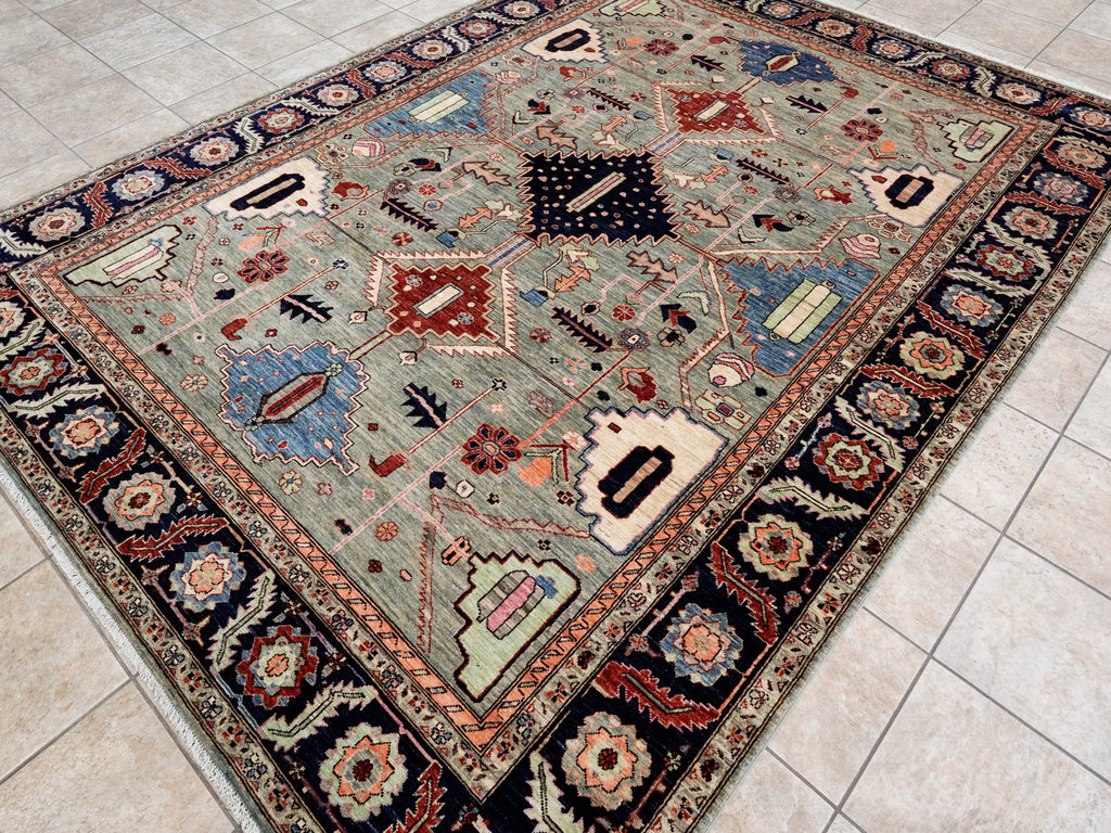 8x11 Ft Green Afghan Rug - Hand Knotted Area Rug