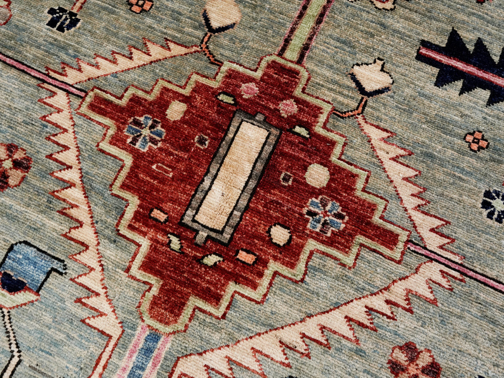 8x11 Ft Green Afghan Rug - Hand Knotted Area Rug