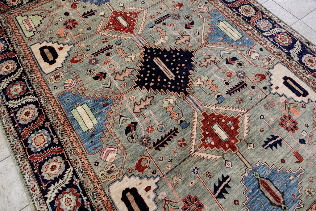 8x11 Ft Green Afghan Rug - Hand Knotted Area Rug