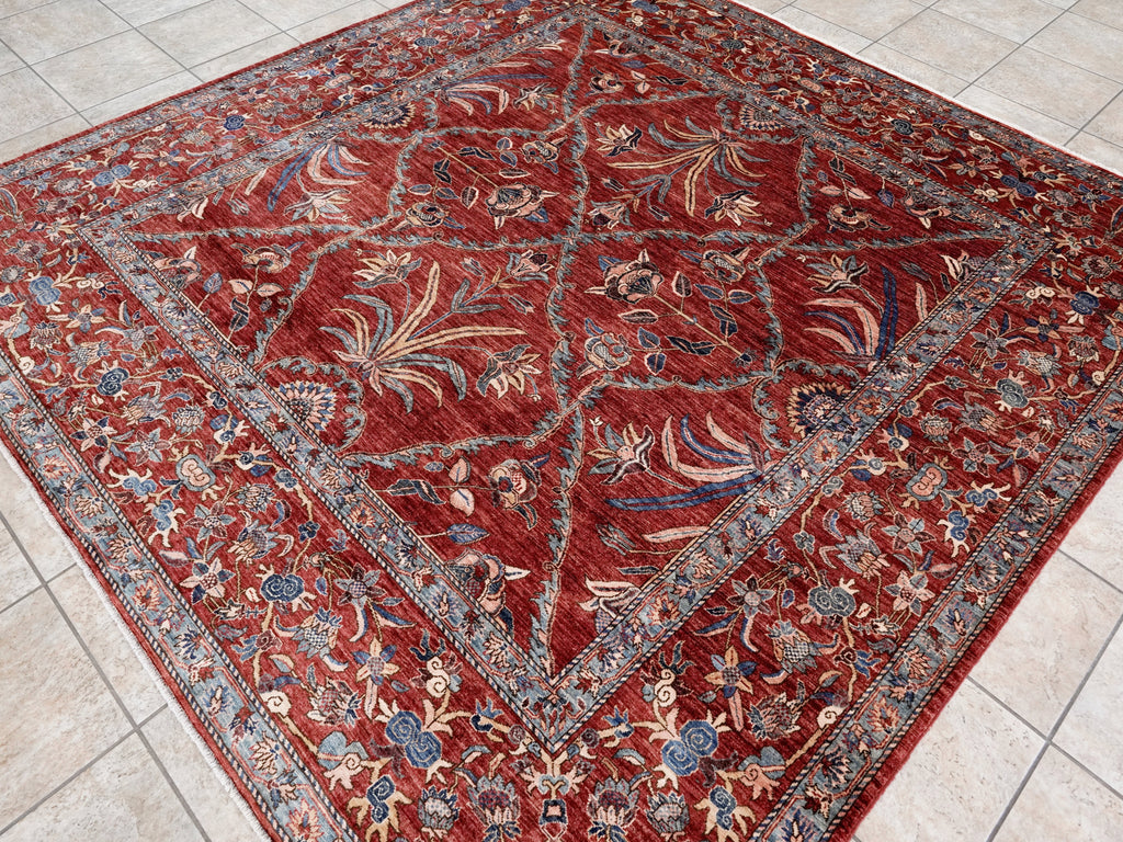 8x8 Ft Red Floral Rug - Traditional Hand Knotted Afghan Rug