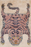 3x5 Ft Beige Tiger Rug - Hand Knotted Afghan Rug - Animal Design