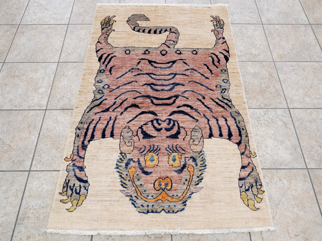 3x5 Ft Beige Tiger Rug - Hand Knotted Afghan Rug - Animal Design