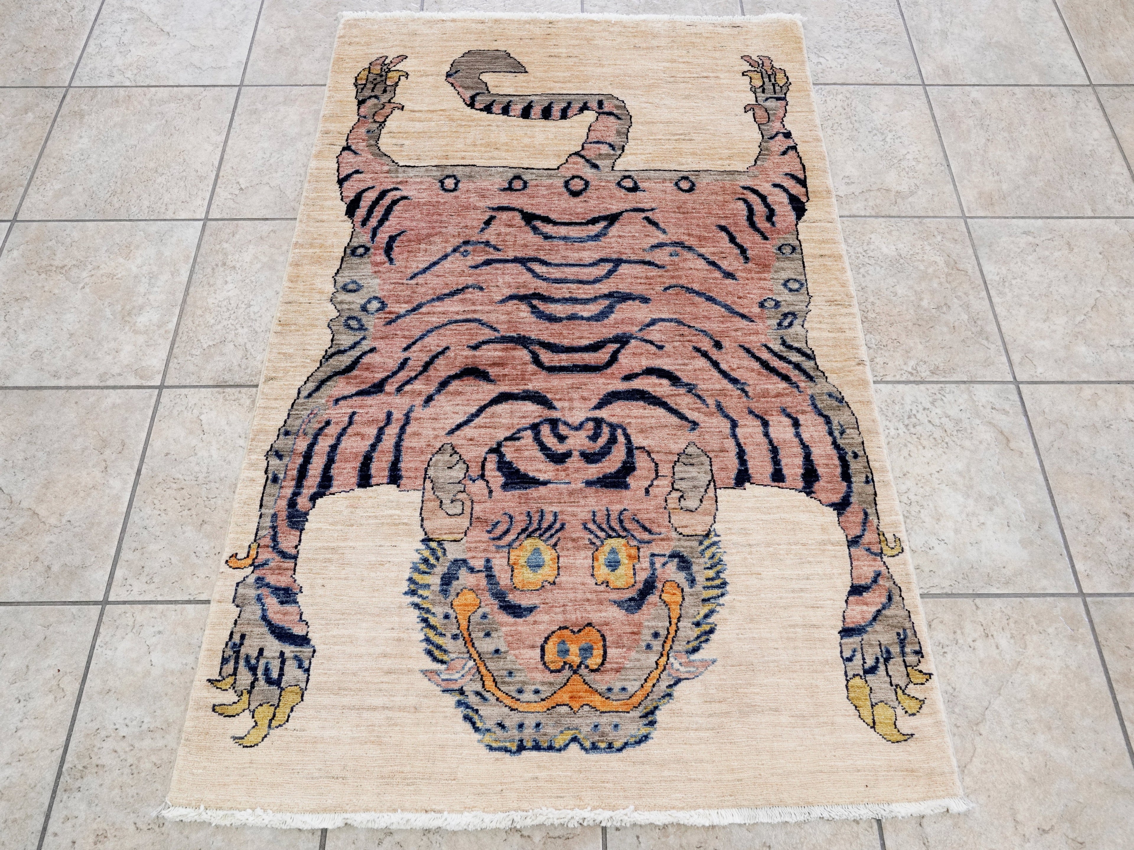 3x5 Ft Beige Tiger Rug - Hand Knotted Afghan Rug - Animal Design