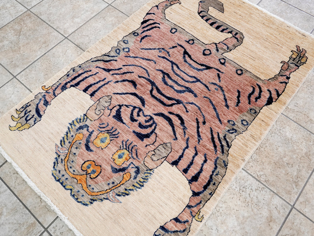 3x5 Ft Beige Tiger Rug - Hand Knotted Afghan Rug - Animal Design