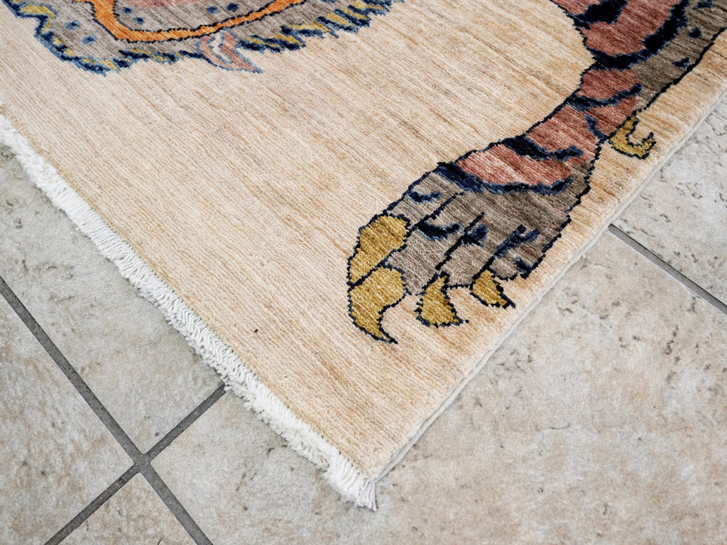 3x5 Ft Beige Tiger Rug - Hand Knotted Afghan Rug - Animal Design