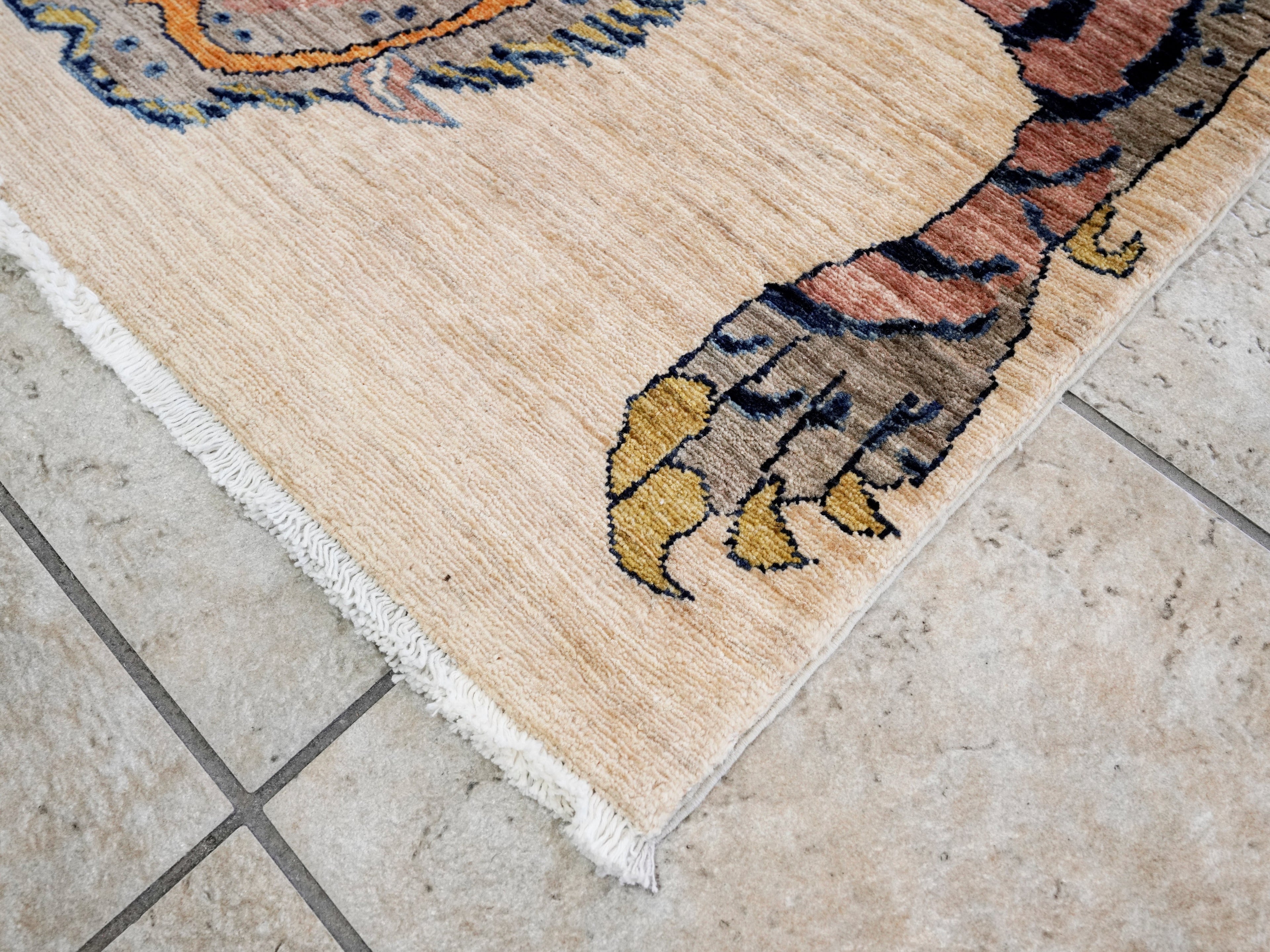3x5 Ft Beige Tiger Rug - Hand Knotted Afghan Rug - Animal Design