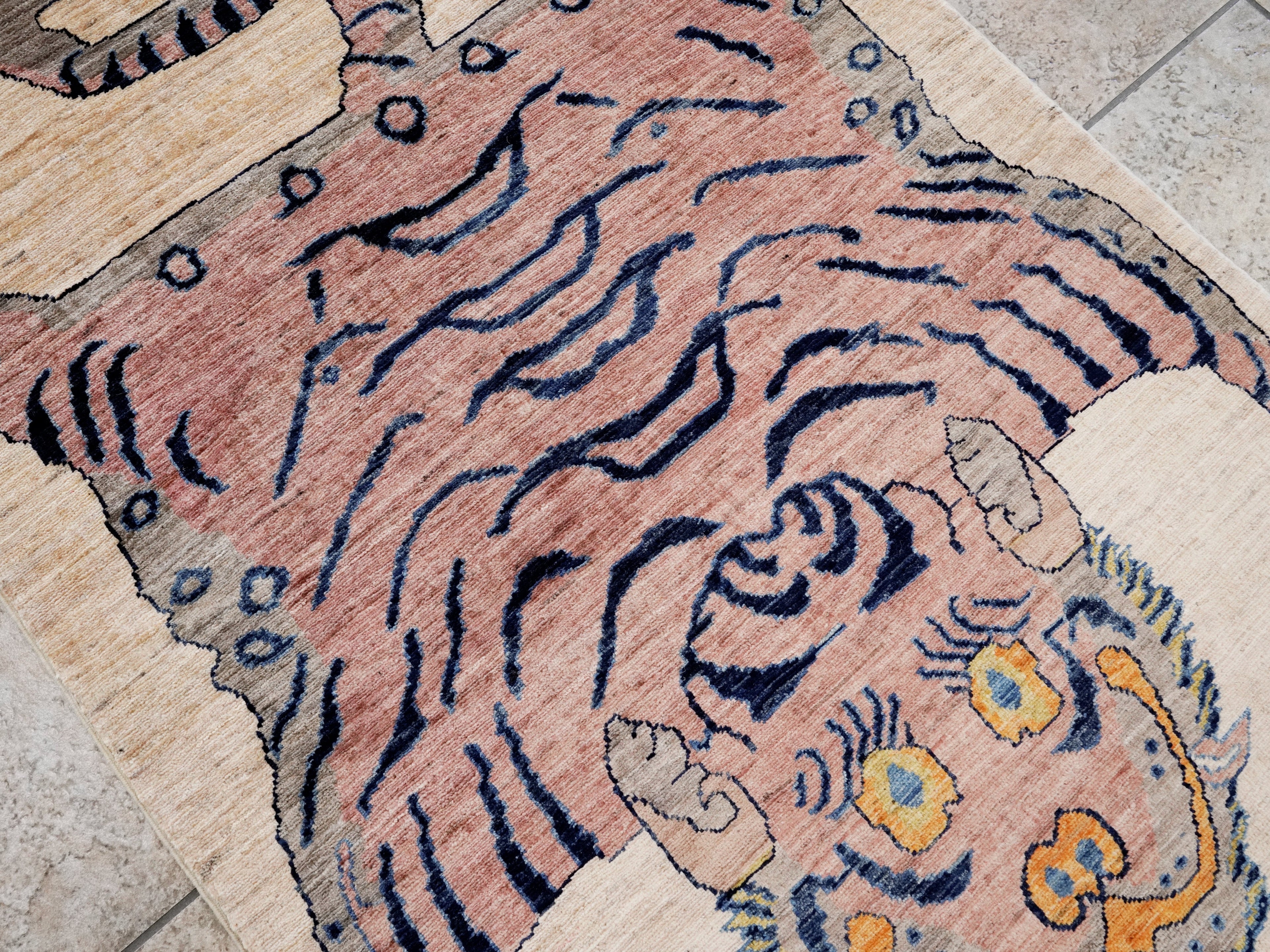 3x5 Ft Beige Tiger Rug - Hand Knotted Afghan Rug - Animal Design