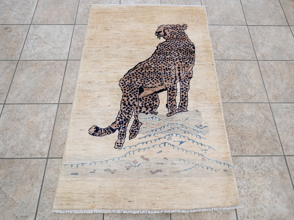 3x5 Ft Beige Cheetah Rug - Hand Knotted Afghan Rug - Animal Design