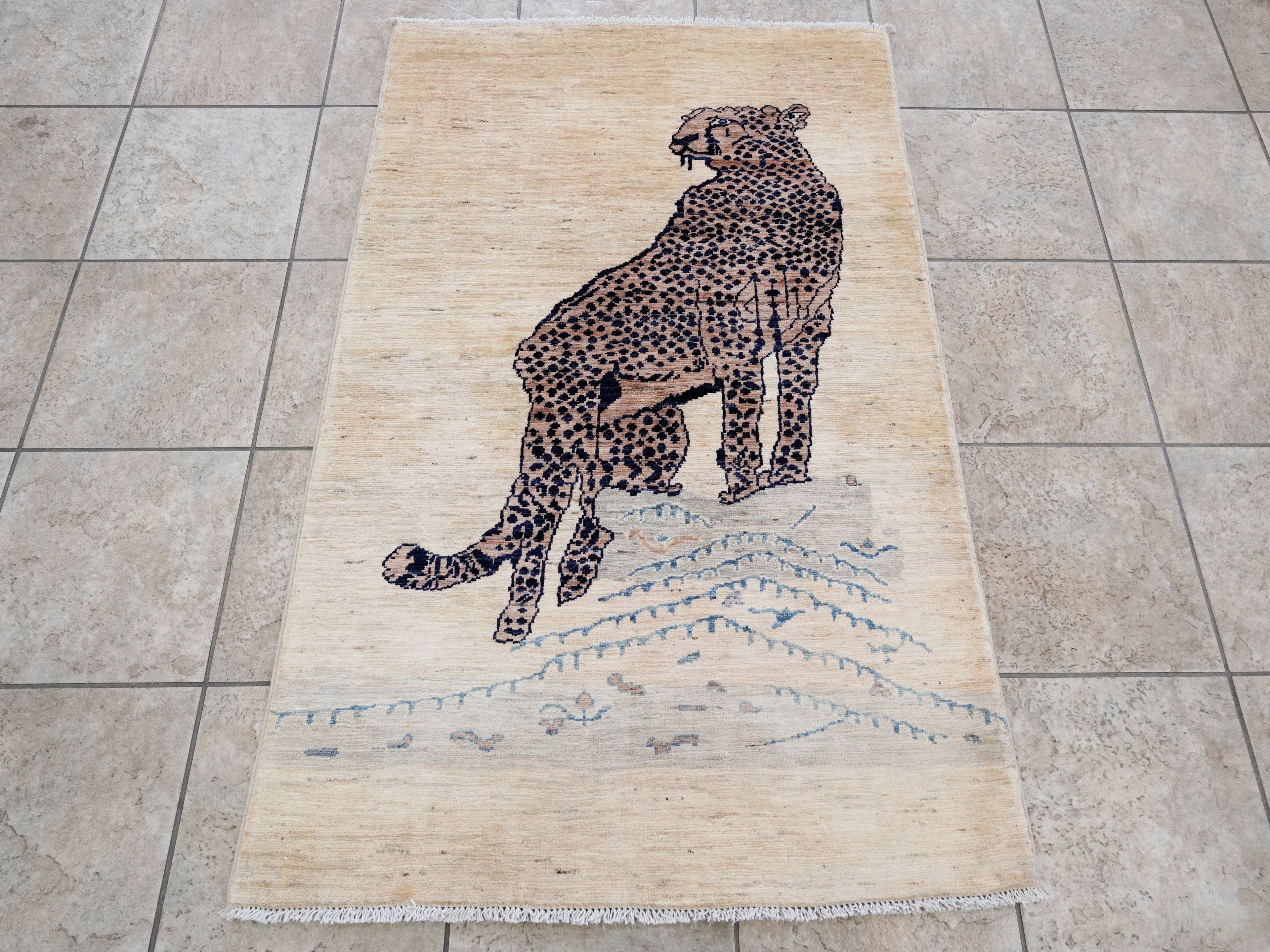 3x5 Ft Beige Cheetah Rug - Hand Knotted Afghan Rug - Animal Design