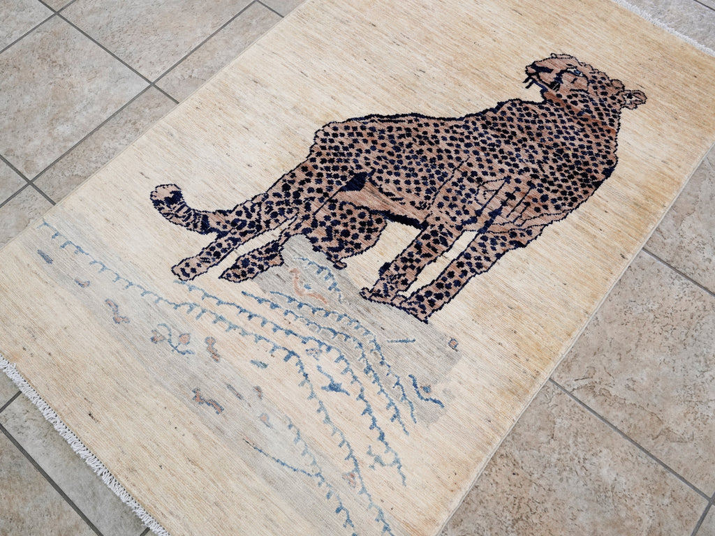 3x5 Ft Beige Cheetah Rug - Hand Knotted Afghan Rug - Animal Design