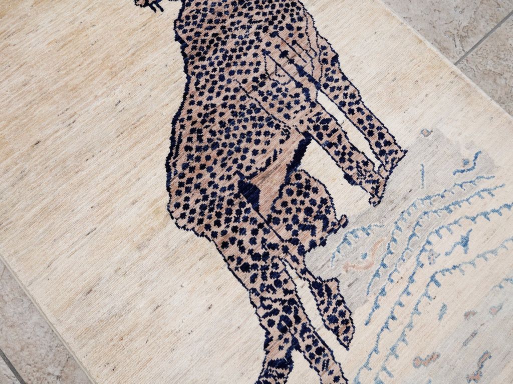 3x5 Ft Beige Cheetah Rug - Hand Knotted Afghan Rug - Animal Design
