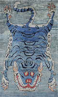 3x5 Ft Blue Tiger Rug - Hand Knotted Afghan Rug - Animal Design