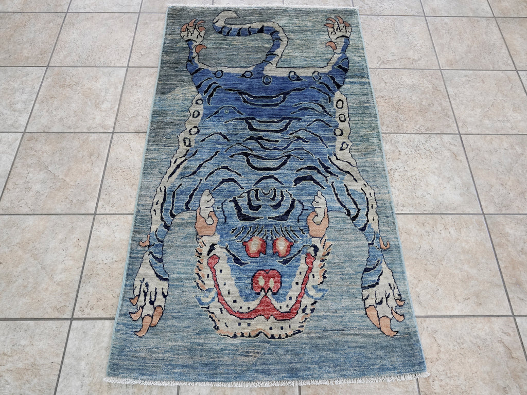 3x5 Ft Blue Tiger Rug - Hand Knotted Afghan Rug - Animal Design
