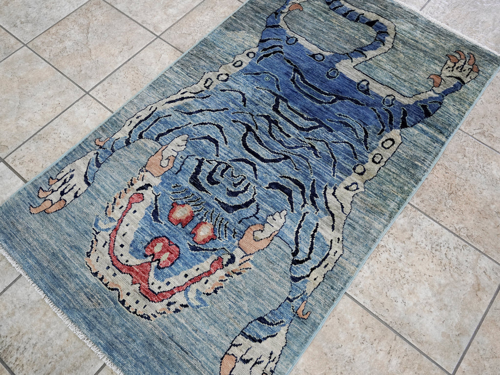 3x5 Ft Blue Tiger Rug - Hand Knotted Afghan Rug - Animal Design