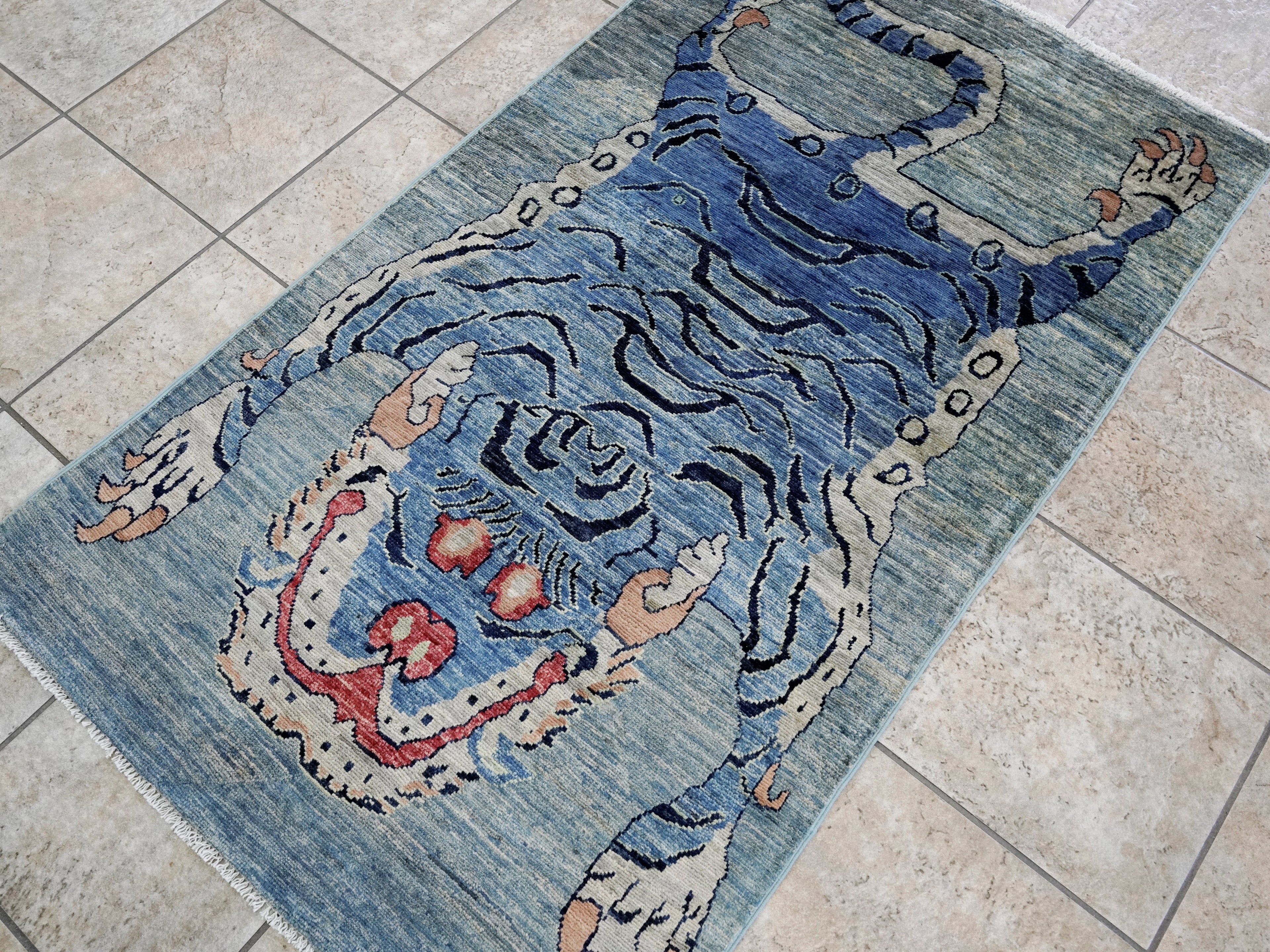 3x5 Ft Blue Tiger Rug - Hand Knotted Afghan Rug - Animal Design