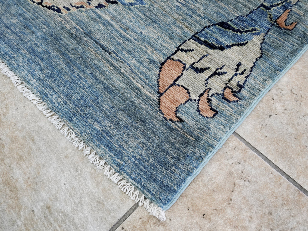 3x5 Ft Blue Tiger Rug - Hand Knotted Afghan Rug - Animal Design