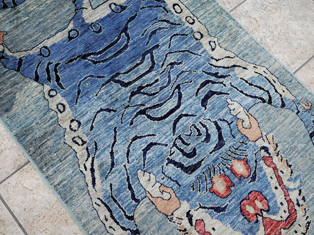 3x5 Ft Blue Tiger Rug - Hand Knotted Afghan Rug - Animal Design