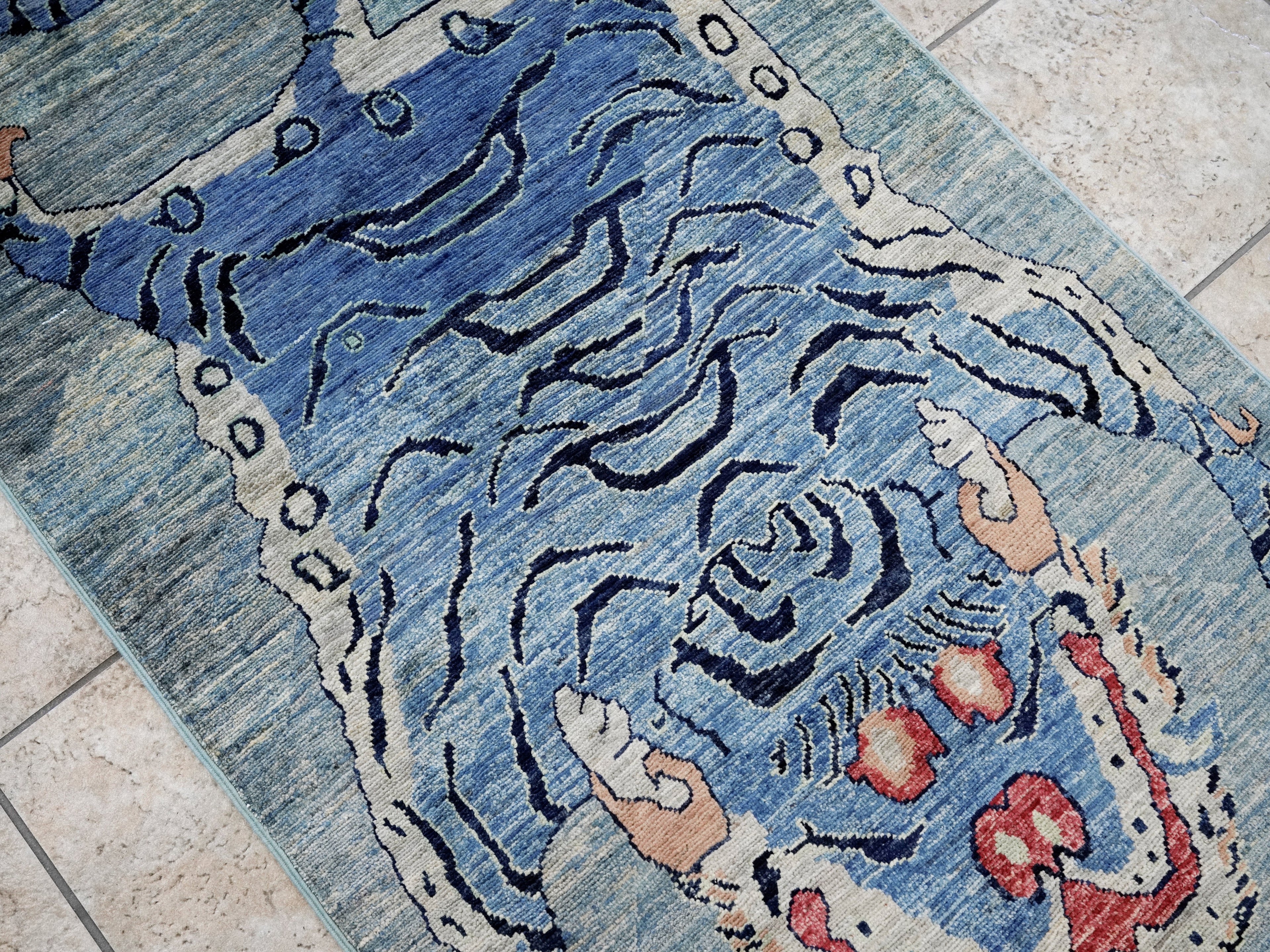 3x5 Ft Blue Tiger Rug - Hand Knotted Afghan Rug - Animal Design