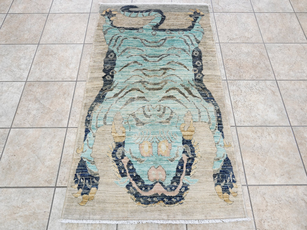 3x5 Ft Blue Tiger Rug - Hand Knotted Afghan Rug - Animal Design