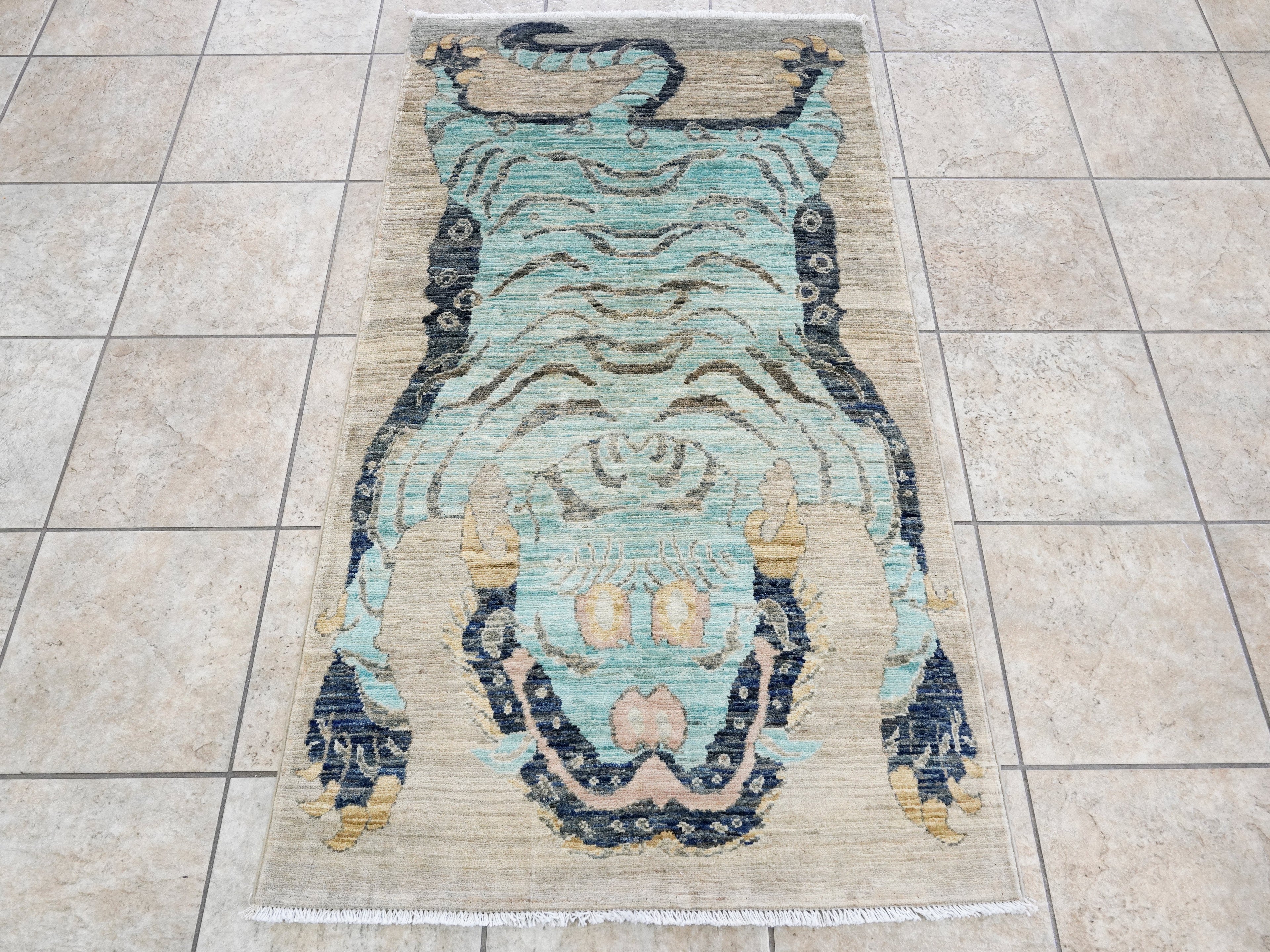 3x5 Ft Blue Tiger Rug - Hand Knotted Afghan Rug - Animal Design