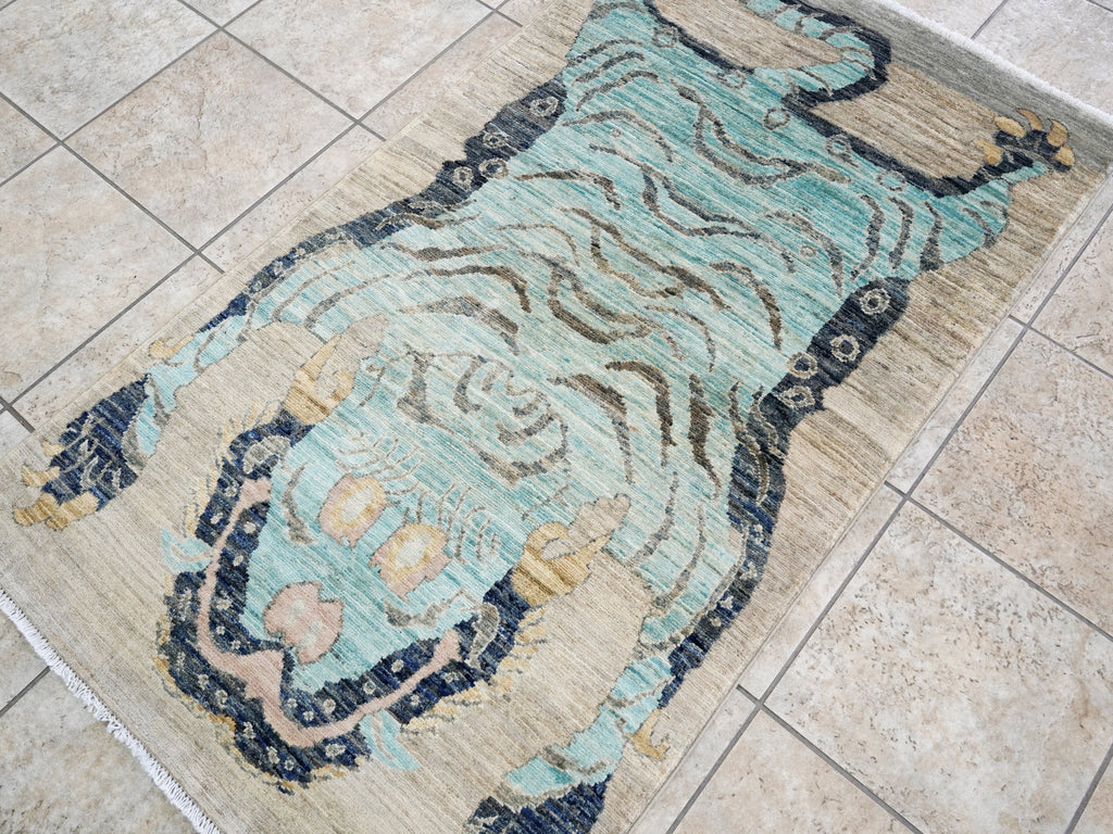 3x5 Ft Blue Tiger Rug - Hand Knotted Afghan Rug - Animal Design
