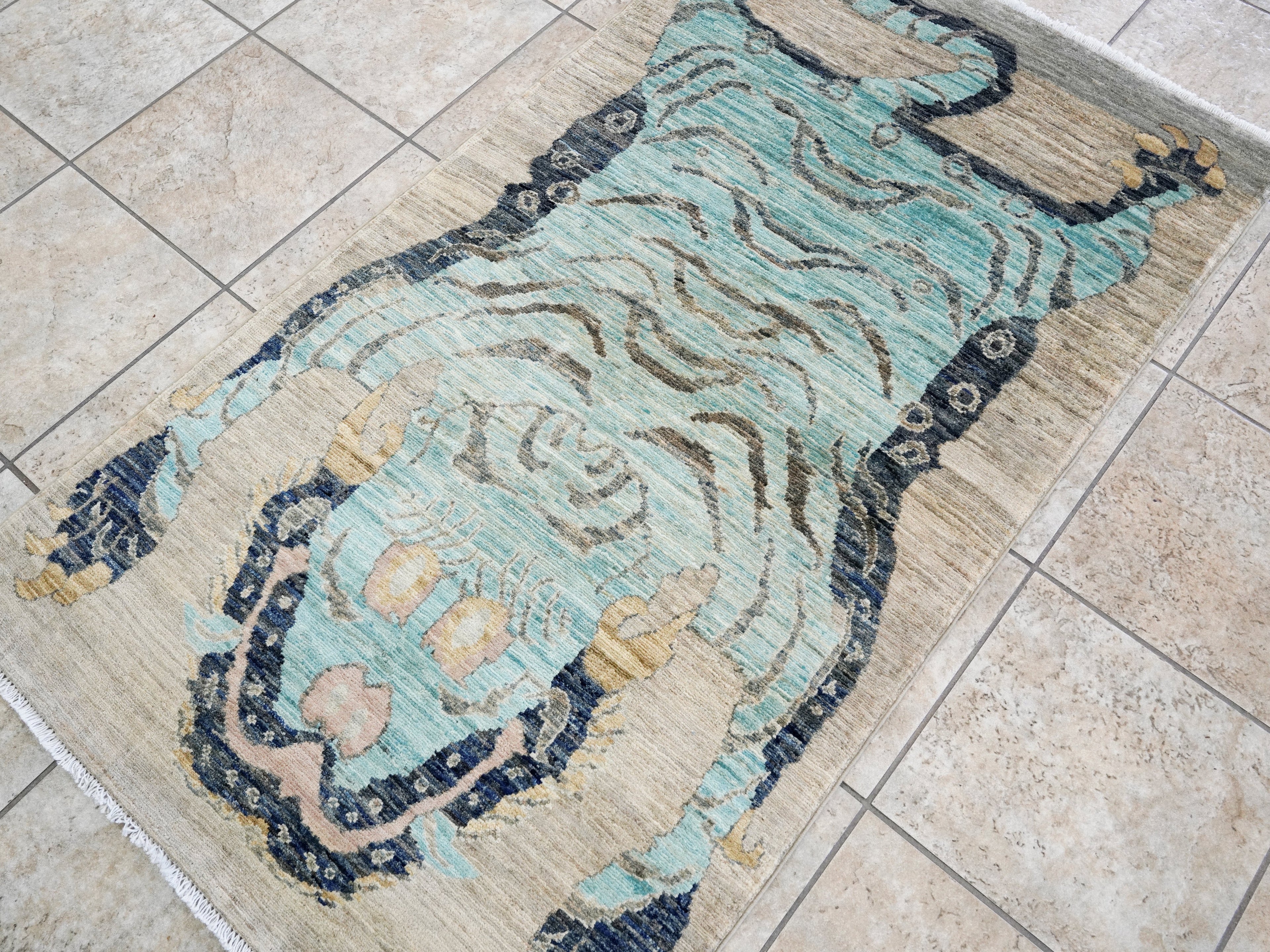3x5 Ft Blue Tiger Rug - Hand Knotted Afghan Rug - Animal Design