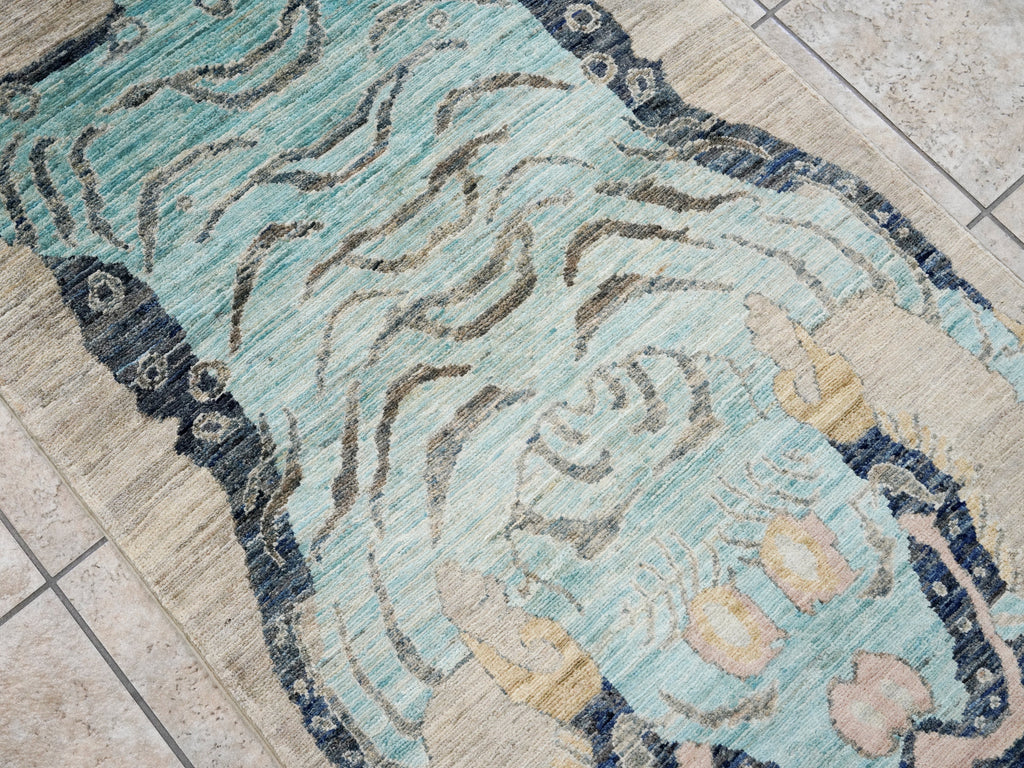 3x5 Ft Blue Tiger Rug - Hand Knotted Afghan Rug - Animal Design