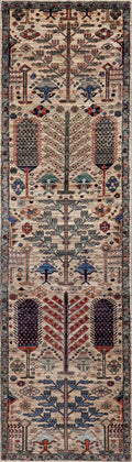 10 Ft Beige Floral Runner Rug - Afghan Hand Knotted Rug