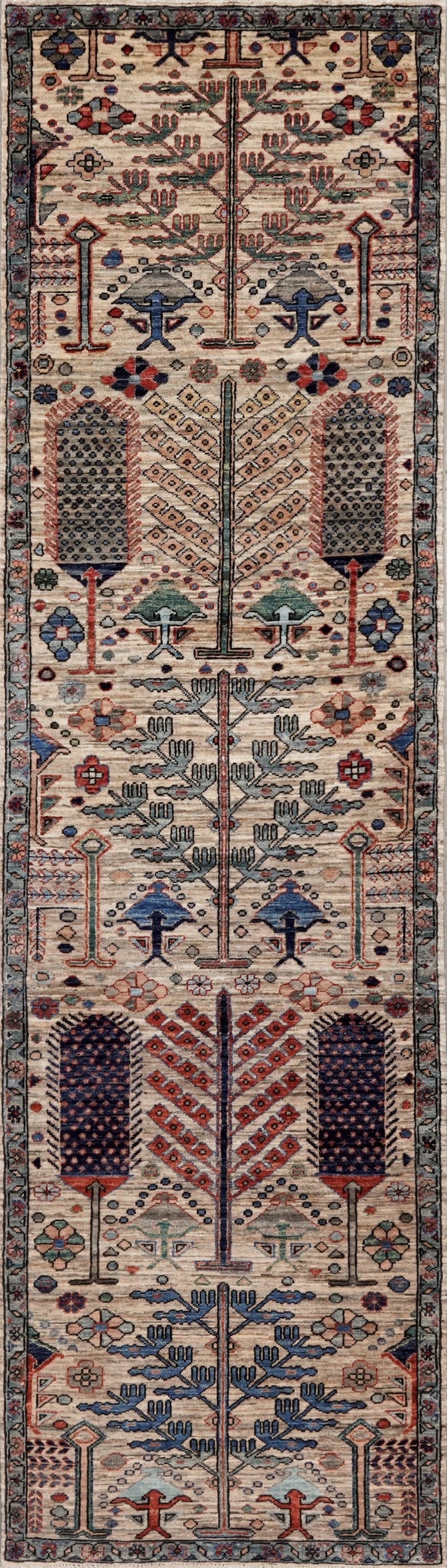 10 Ft Beige Floral Runner Rug - Afghan Hand Knotted Rug