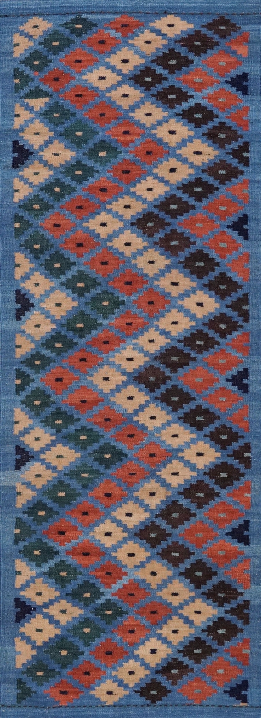 8 Ft Blue Contemporary Killim Runner Rug  - Handwoven Flatweave Runner
