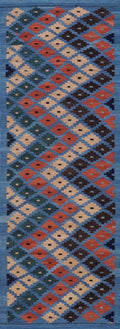 8 Ft Blue Contemporary Killim Runner Rug  - Handwoven Flatweave Runner
