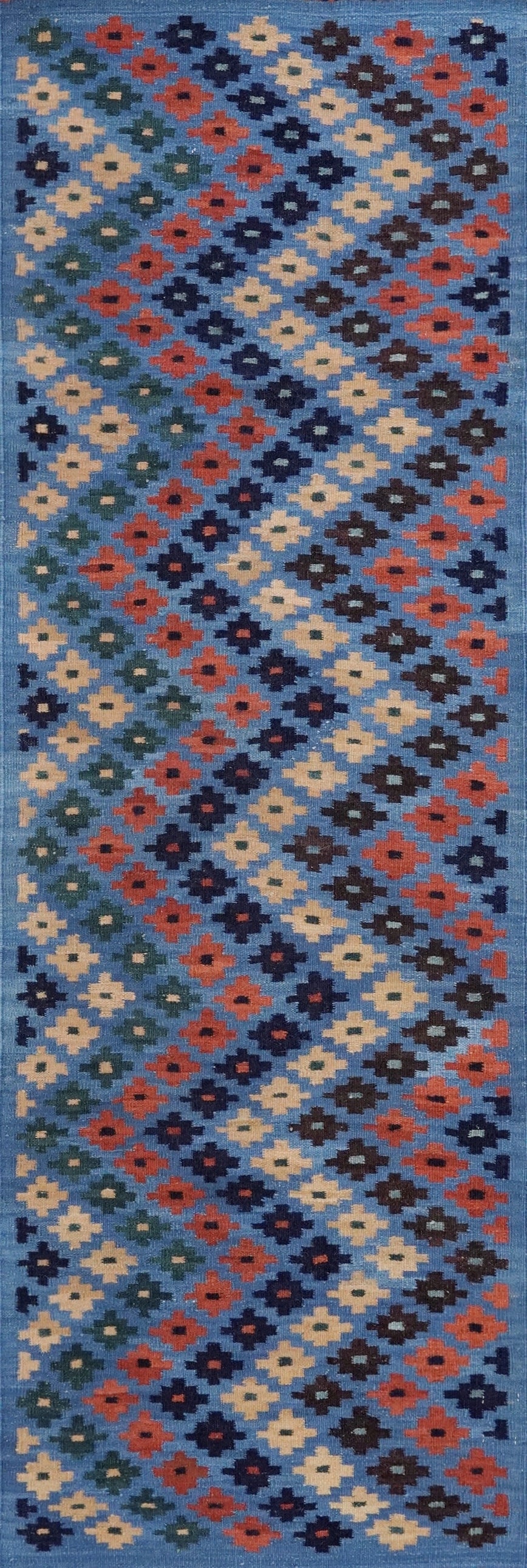 8 Ft Blue Contemporary Killim Runner Rug  - Handwoven Flatweave Runner