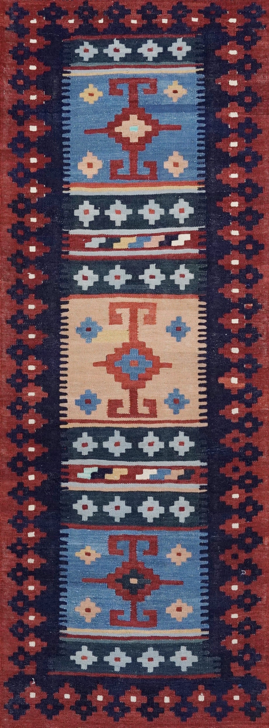 8 Ft Red & Blue Killim Runner Rug  - Handwoven Flatweave Runner