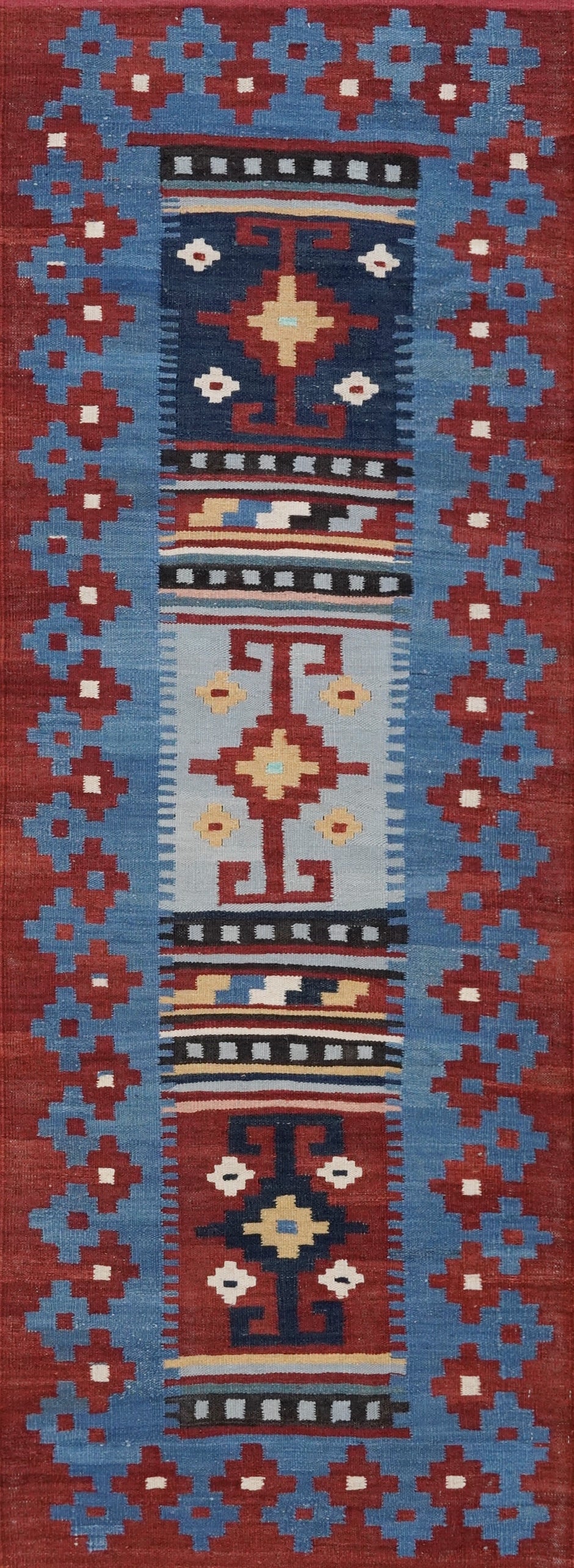8 Ft Blue Killim Runner Rug  - Handwoven Flatweave Runner