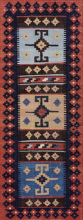 8 Ft Red & Blue Killim Runner Rug  - Handwoven Flatweave Runner
