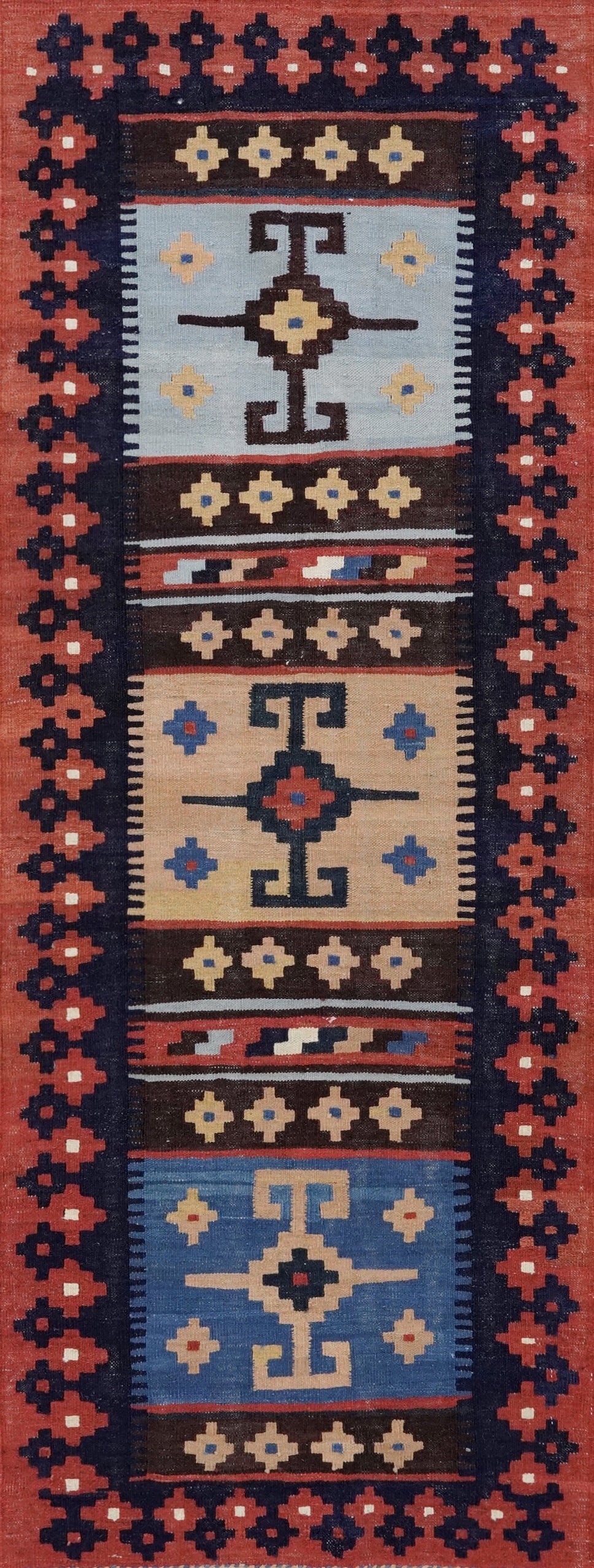 8 Ft Red & Blue Killim Runner Rug  - Handwoven Flatweave Runner
