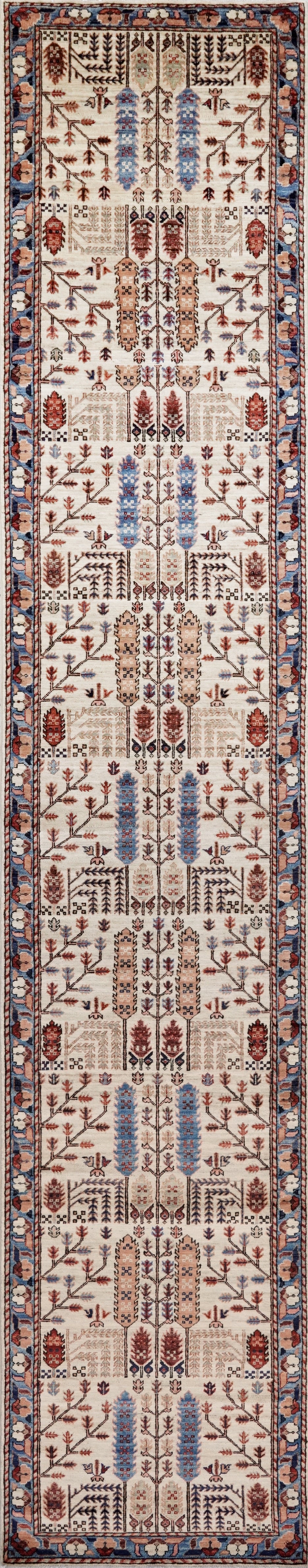 16 Ft Beige Floral Runner Rug - Hand Knotted Afghan Runner
