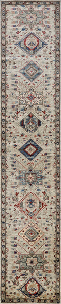 14 Ft Light Green Afghan Oriental Runner Rug - Hand Knotted Wool Runner