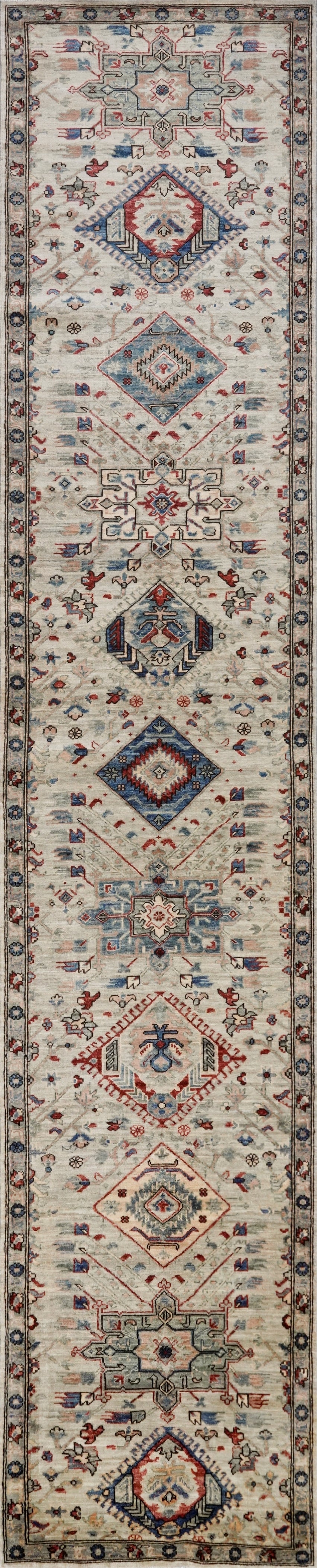 14 Ft Light Green Afghan Oriental Runner Rug - Hand Knotted Wool Runner