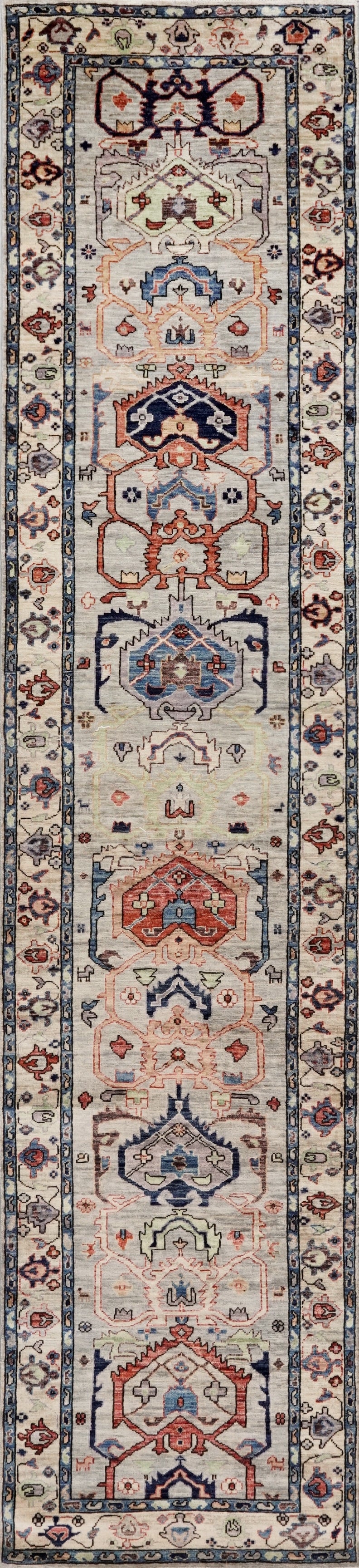 12 Ft Silver Floral Runner Rug - Afghan Hand Knotted Rug