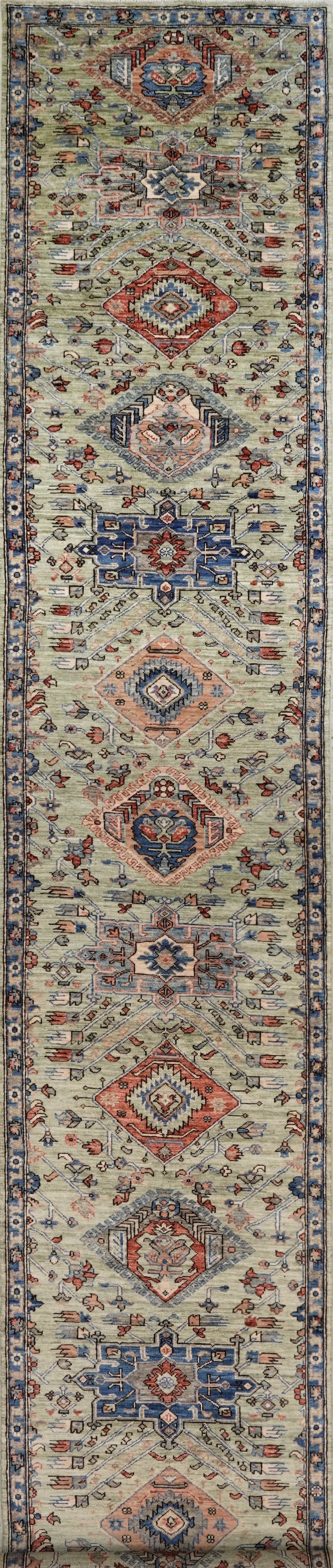 18 Ft Green Oriental Runner Rug - Hand Knotted Afghan Runner